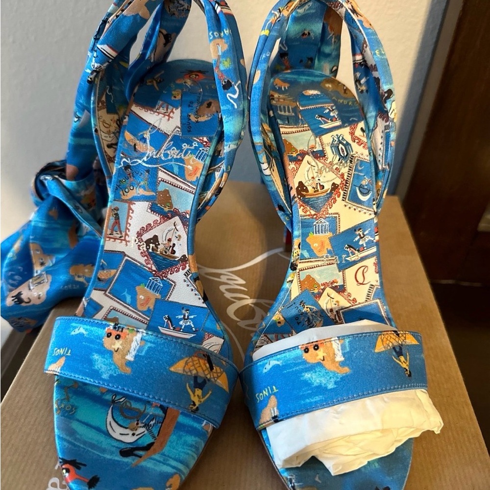 NWB Christian Louboutin Sandale Du Desert Greekaba Blue Heeled Sandals Size 6 - Picture 3 of 12